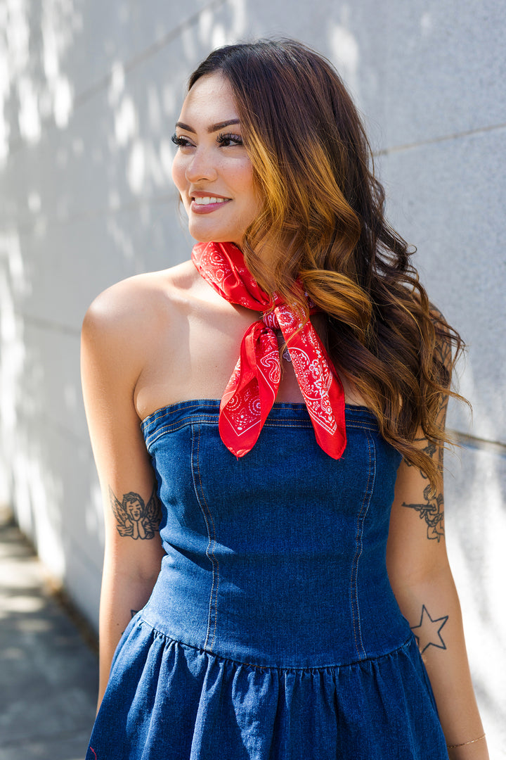 The Blue Ribbon Strapless Denim Midi Dress
