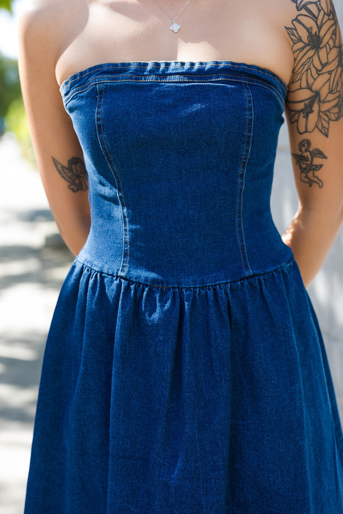 Blue Ribbon Strapless Denim Midi Dress — Shoppe Twelve