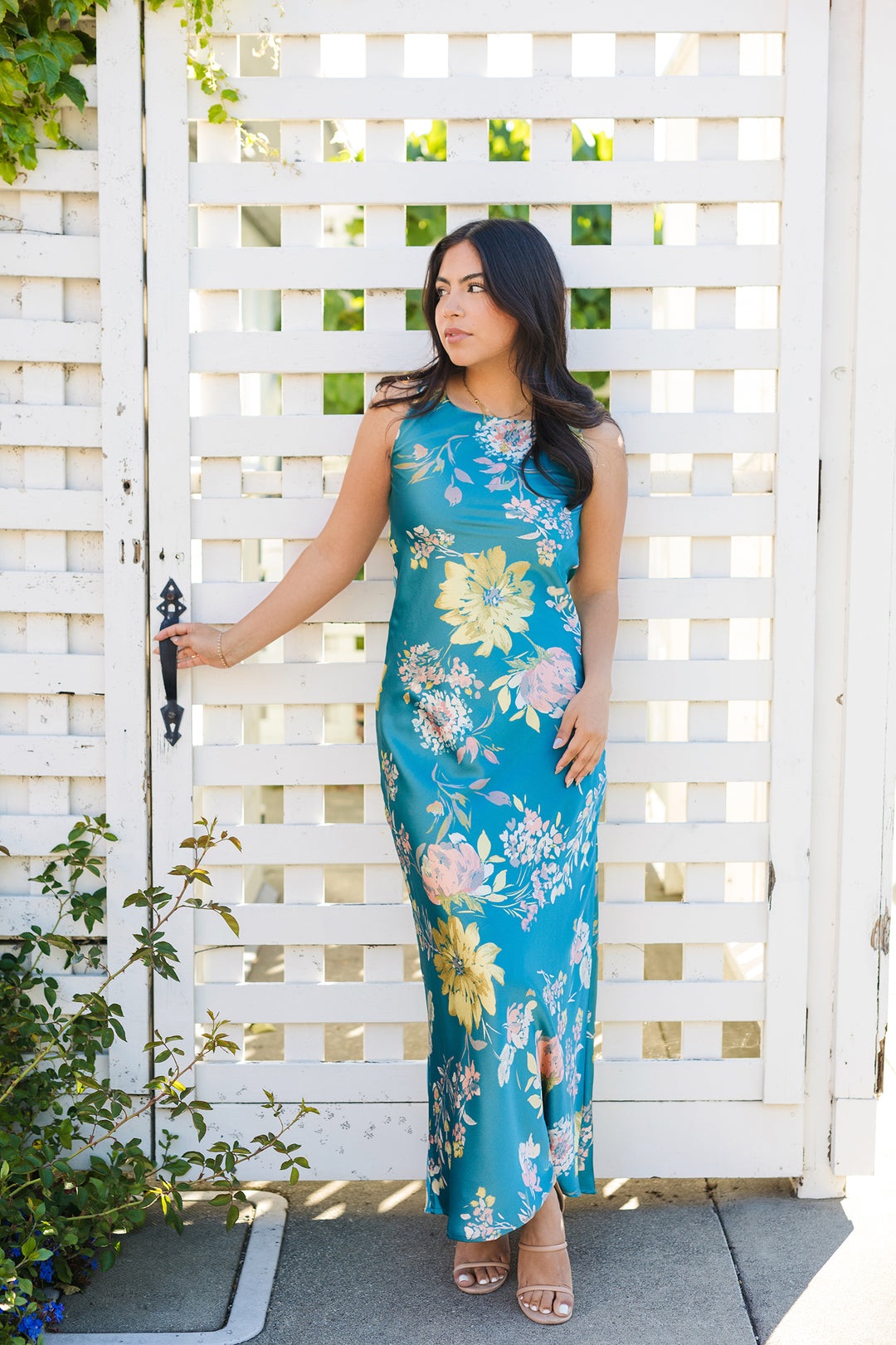 Teal Floral Print Satin Maxi Dress with Cowl Back Teal Floral Print Satin Maxi Dress with Cowl Back
