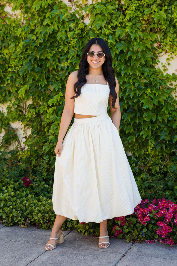 The Sunny Days Yellow Striped Cropped Tank & Midi Skirt Set