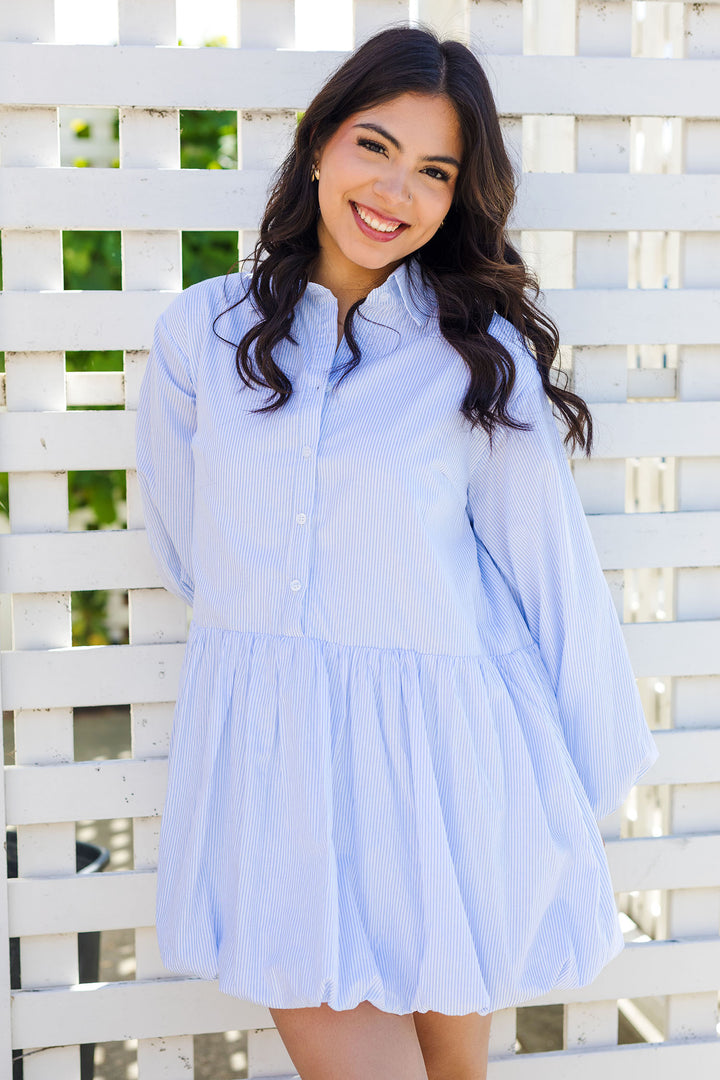 The Southern Charm Blue Pinstripe Bubble Mini Dress