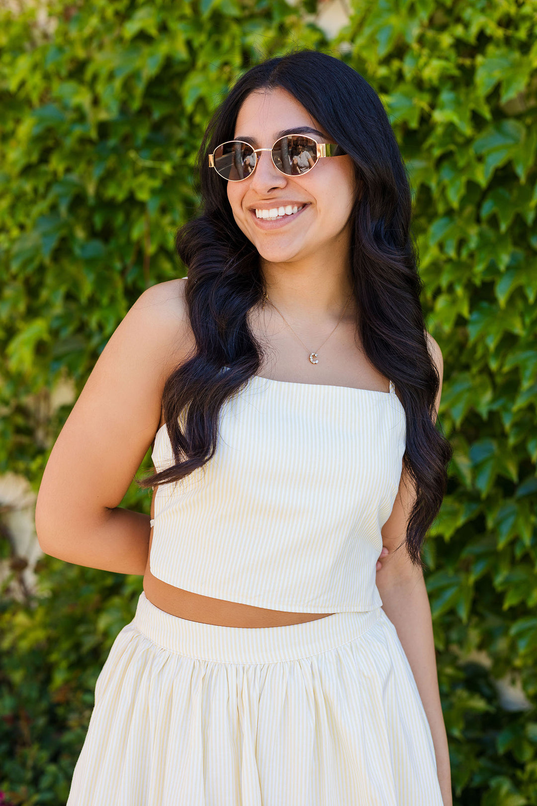 The Sunny Days Yellow Striped Cropped Tank & Midi Skirt Set