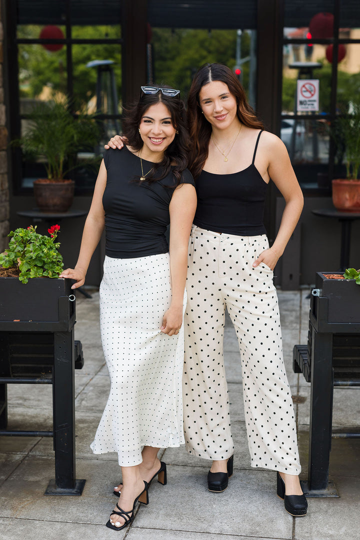 The Spotted In The Crowd Cream Polka Dot Satin Midi Skirt