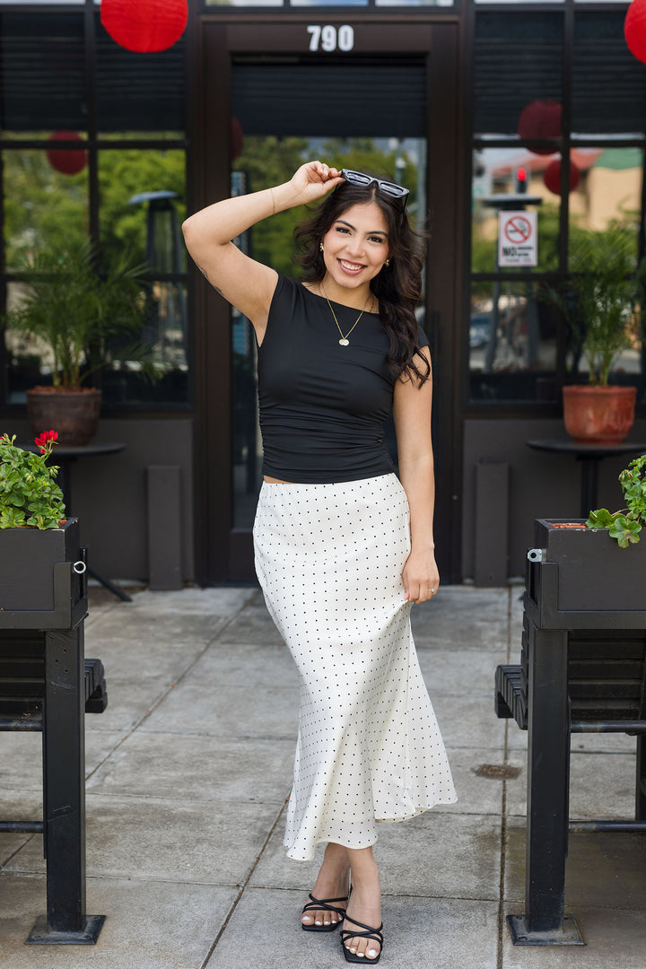 The Spotted In The Crowd Cream Polka Dot Satin Midi Skirt