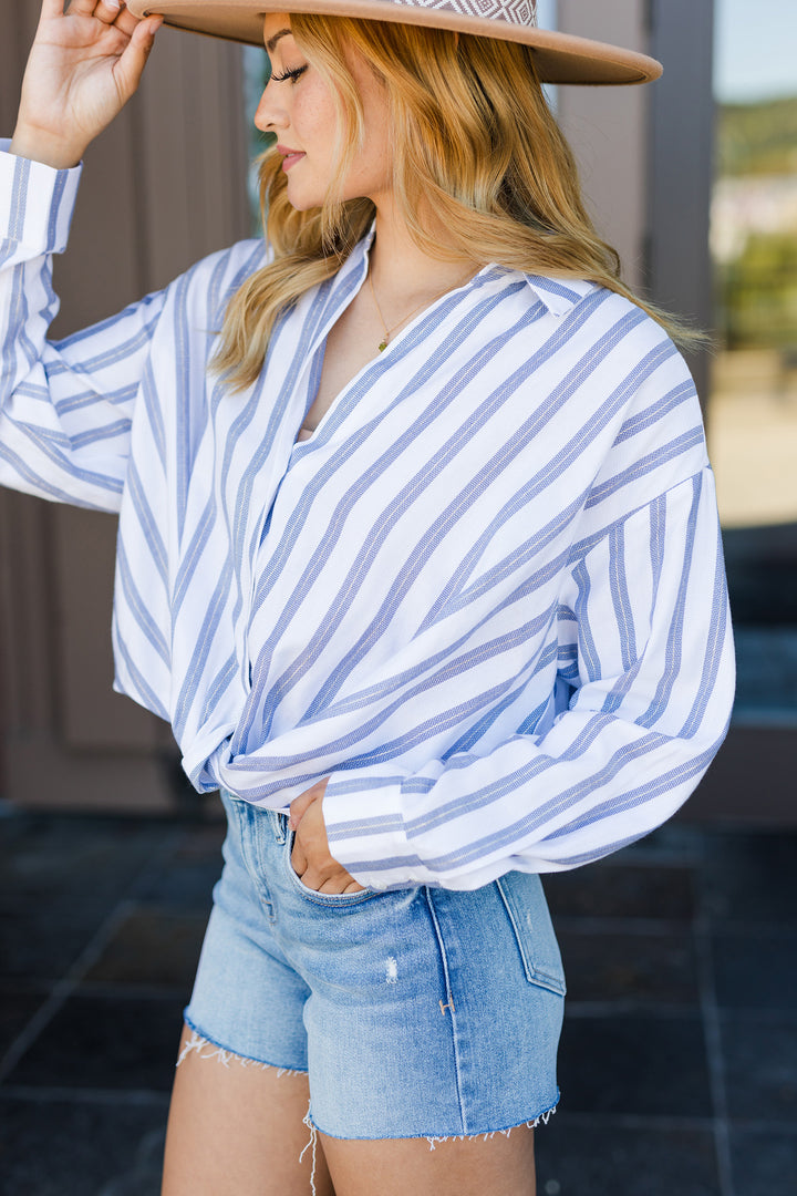 The Sailing Sea Striped Twist Front Blouse