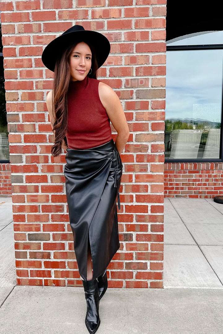The Better Life Faux Leather Wrap Midi Skirt