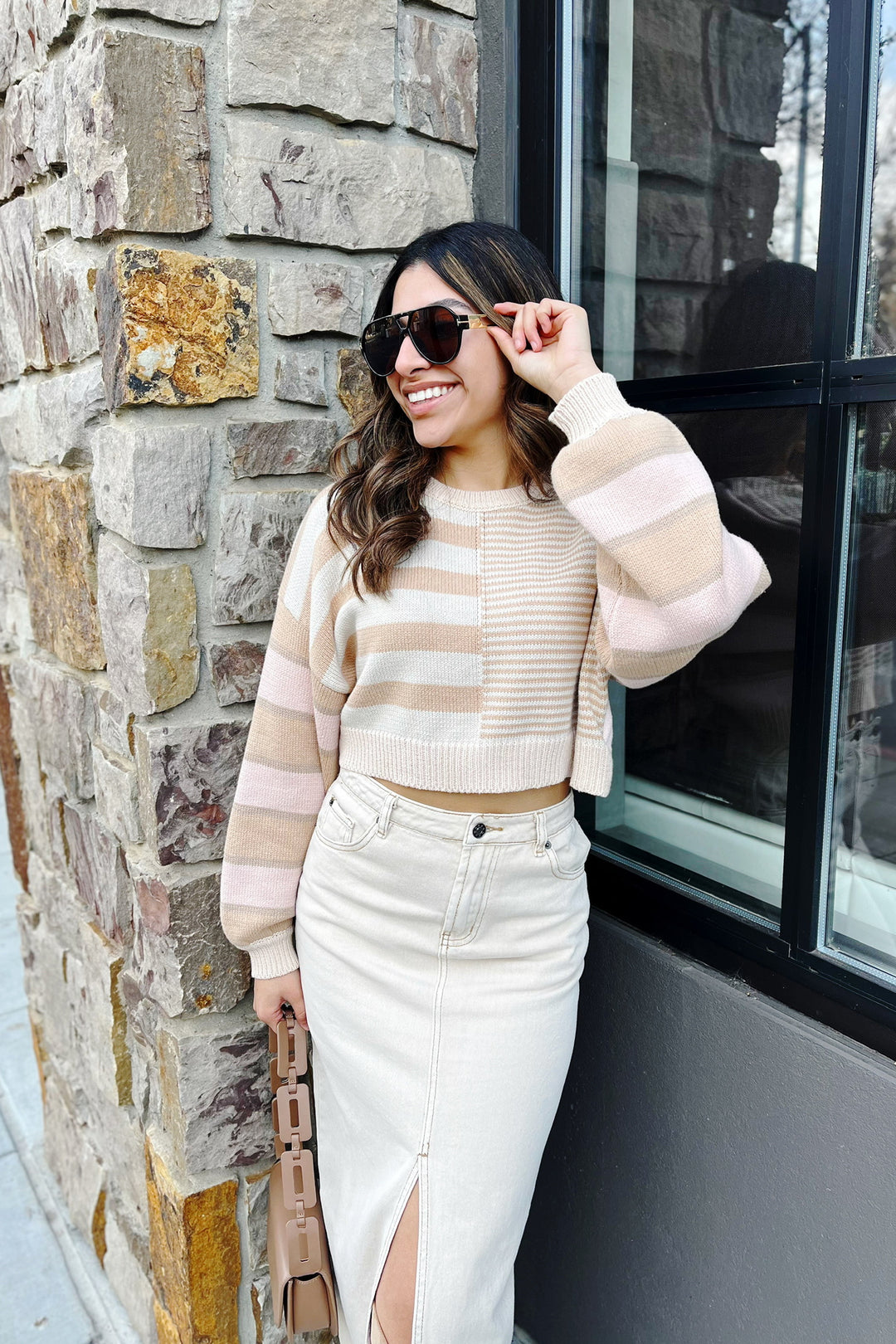 The Mesmerize Me Beige Striped Cropped Sweater