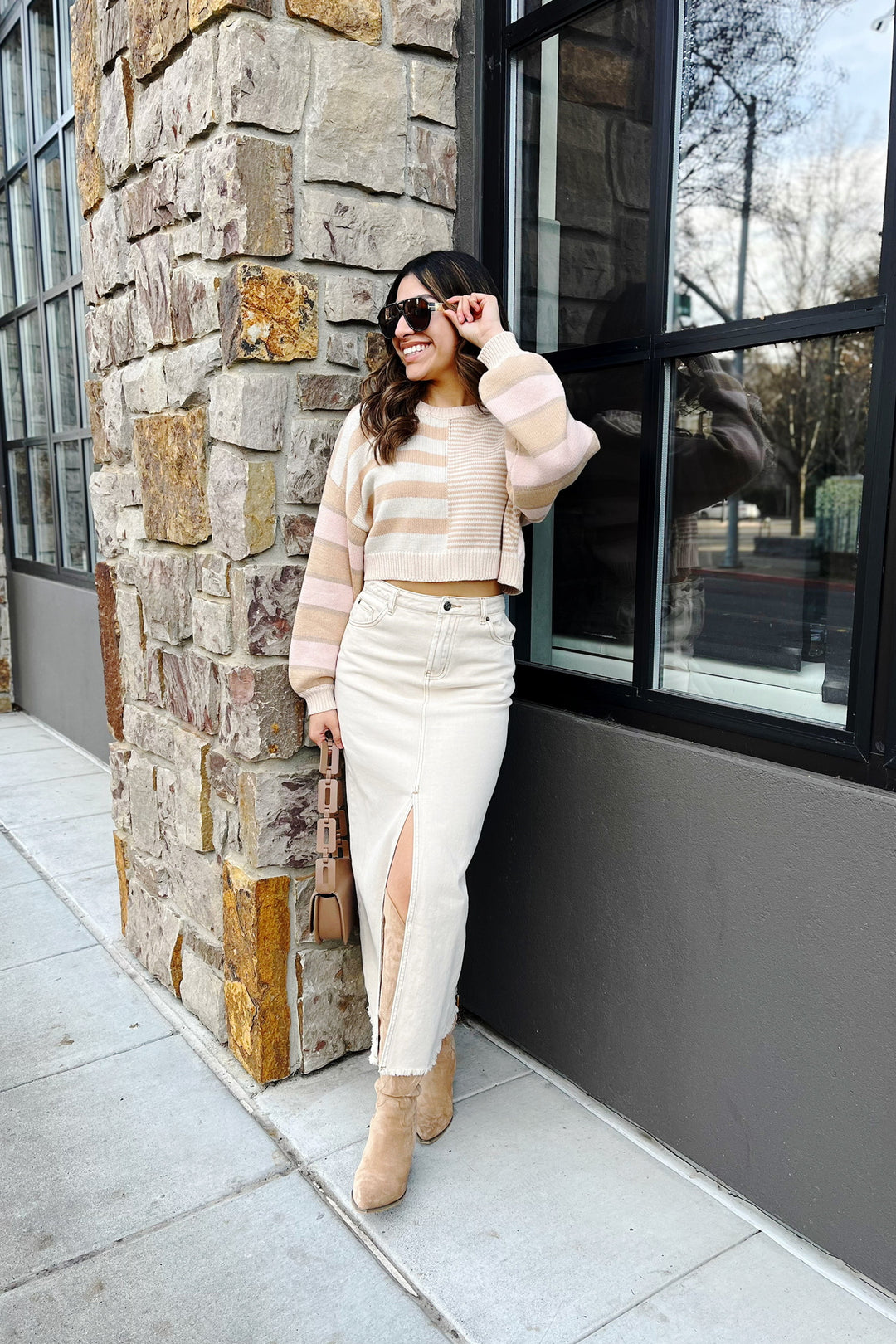 The Mesmerize Me Beige Striped Cropped Sweater