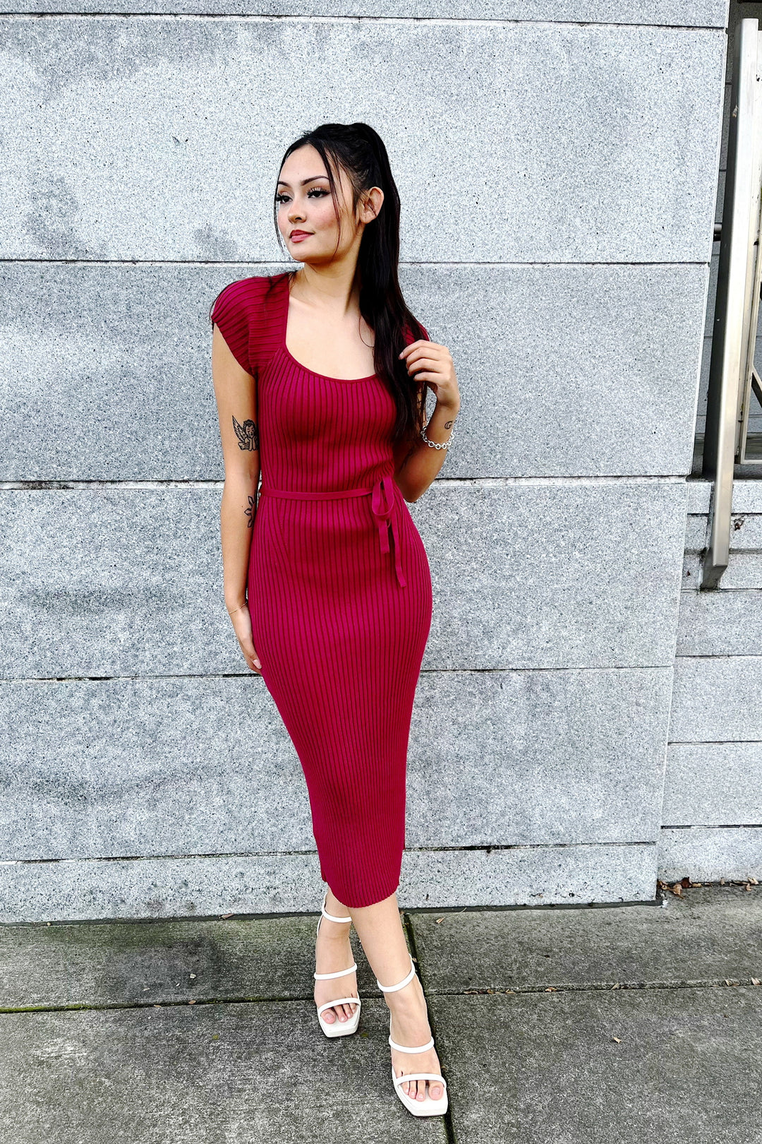 The Champagne Wishes Red Ribbed Midi Dress