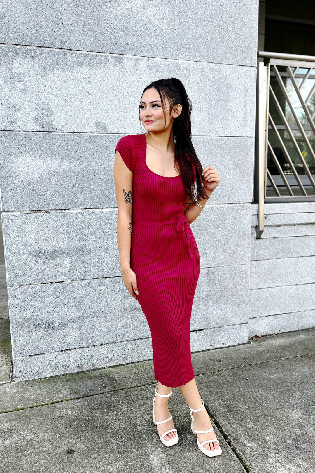 The Champagne Wishes Red Ribbed Midi Dress