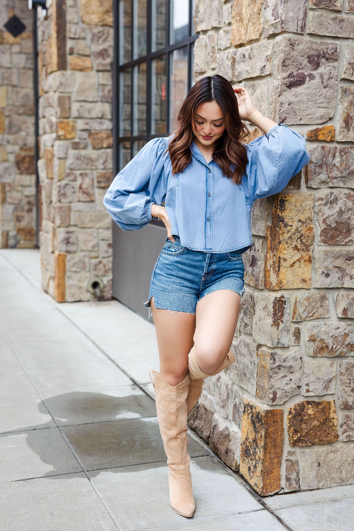トップス DENIM LIKE BALLOON SLEEVE CUT TOP The Carpe Denim Balloon Sleeve Denim Shirt – Shoppe Twelve