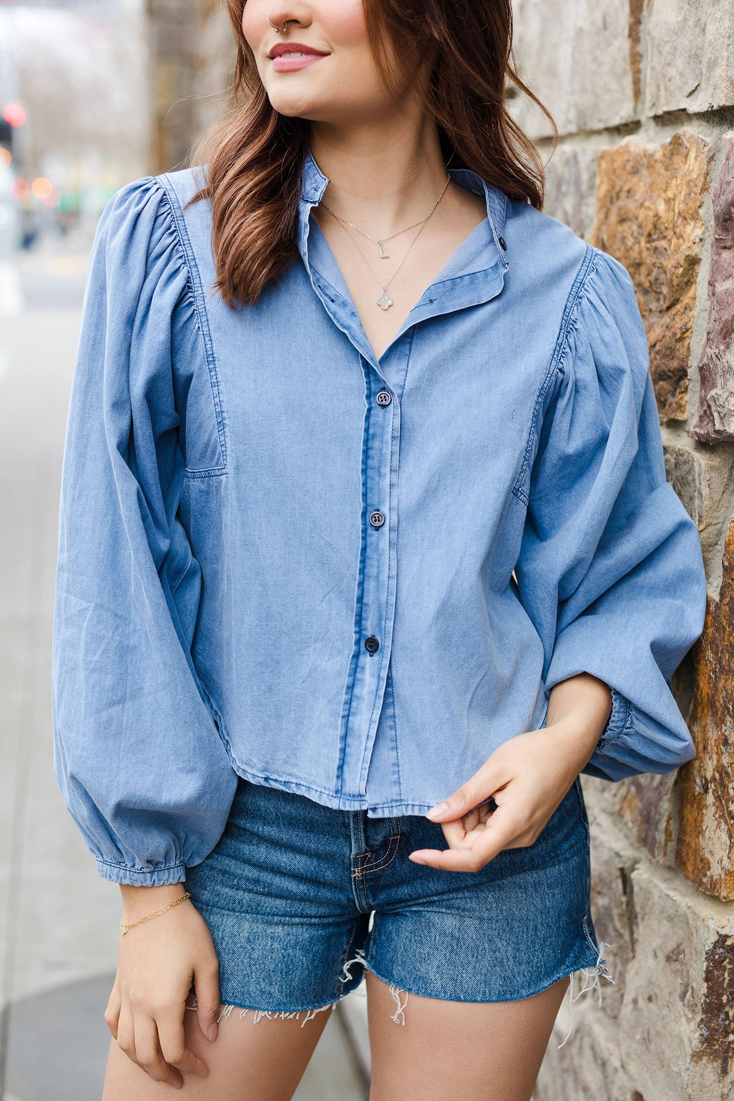 トップス AMERI DENIM LIKE BALLOON SLEEVE CUT TOP The Carpe Denim Balloon Sleeve Denim Shirt – Shoppe Twelve