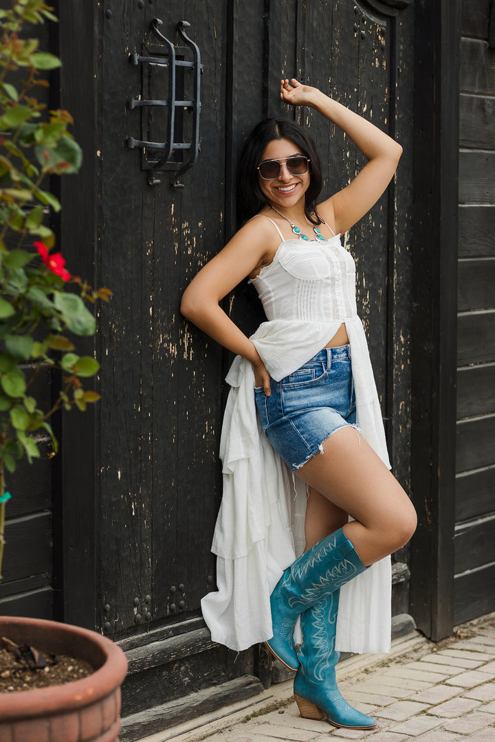 The Stagecoach Festival Ruffled White Corset Maxi Top