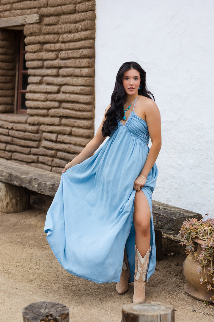 The Drift Away Tie-Back Halter Maxi Dress