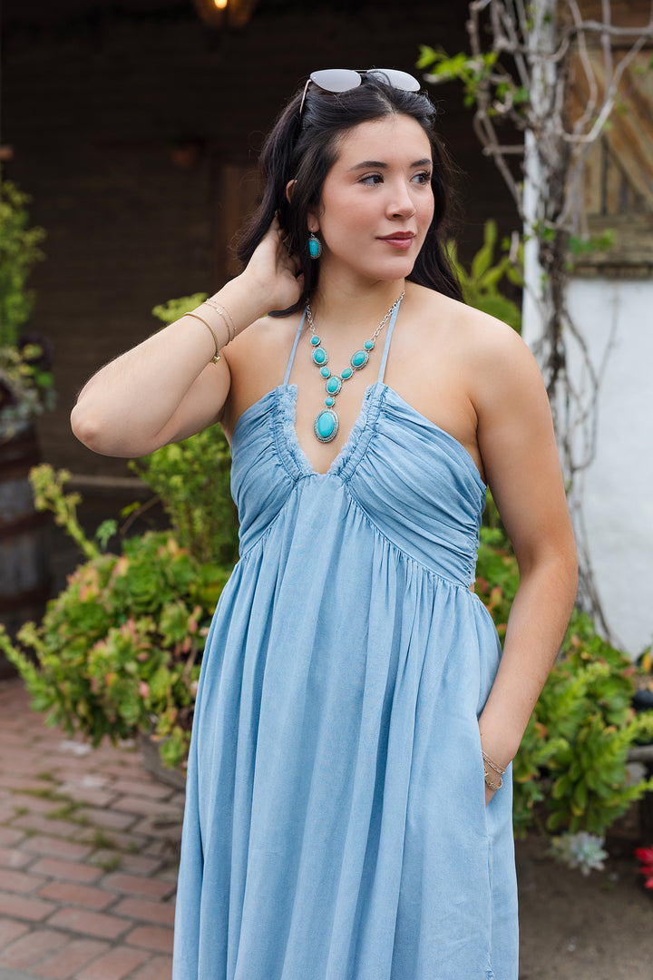 The Drift Away Tie-Back Halter Maxi Dress