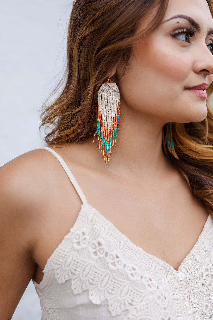 The White Handmade Seedbead Tassel Earrings