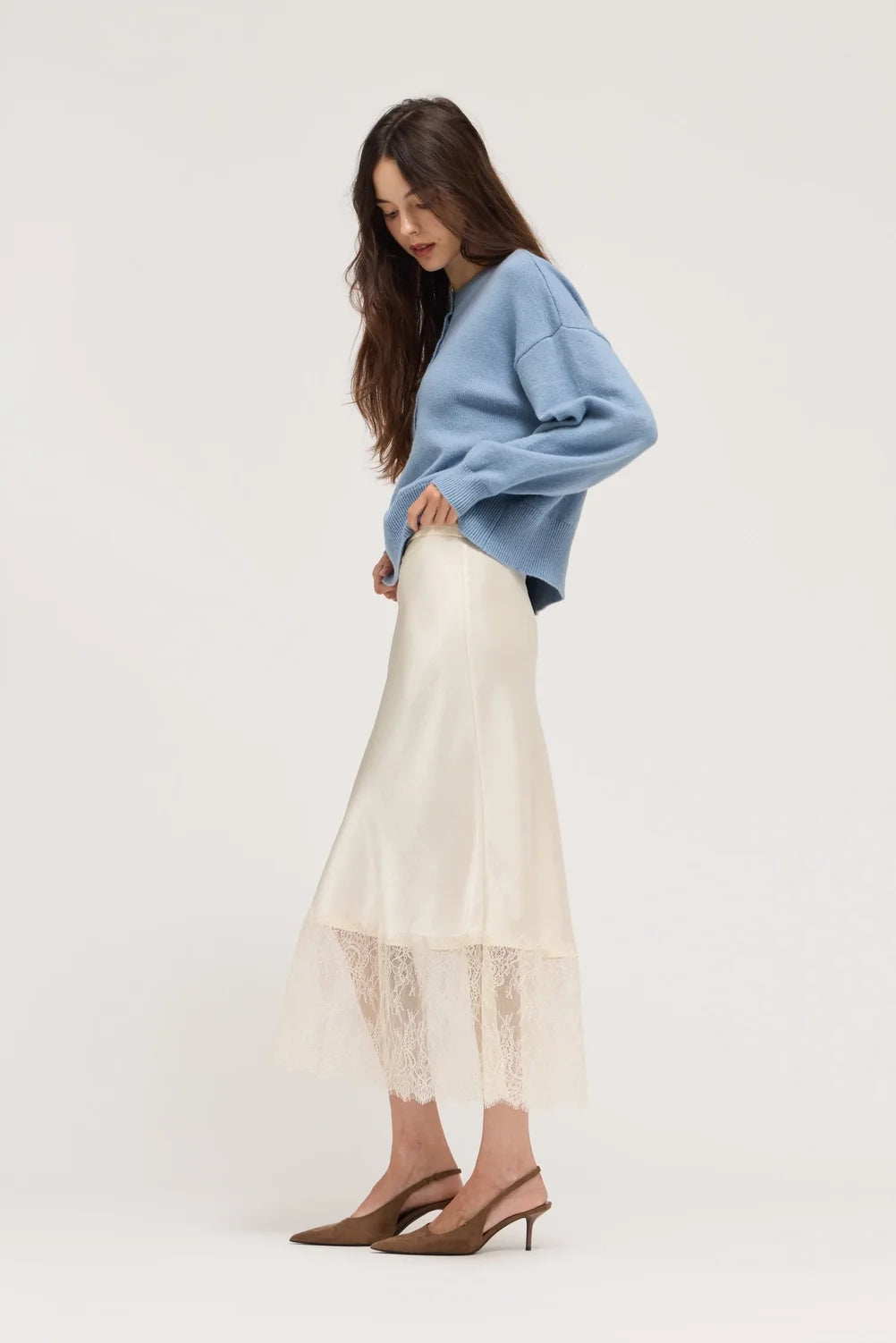 The Leilah Lace Trim Midi Satin Skirt
