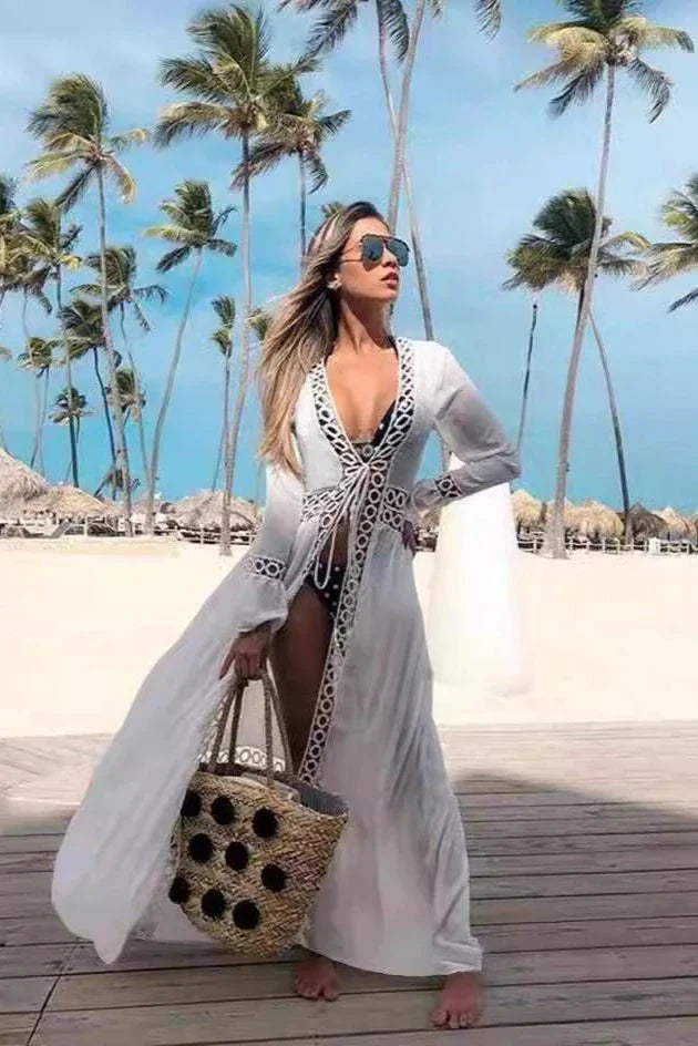 The Mykonos White Crochet Long Kimono