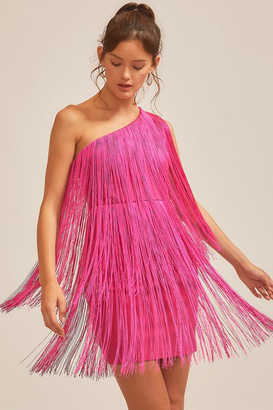 The Shine On Me Fuchsia Fringe One Shoulder Dress