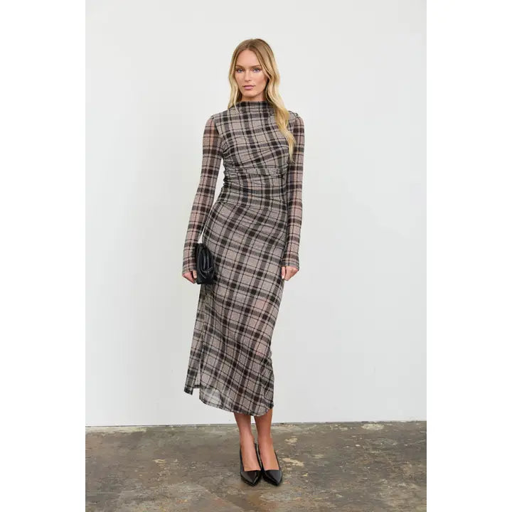 The Westbury Mock Neck Plaid Midi Dress