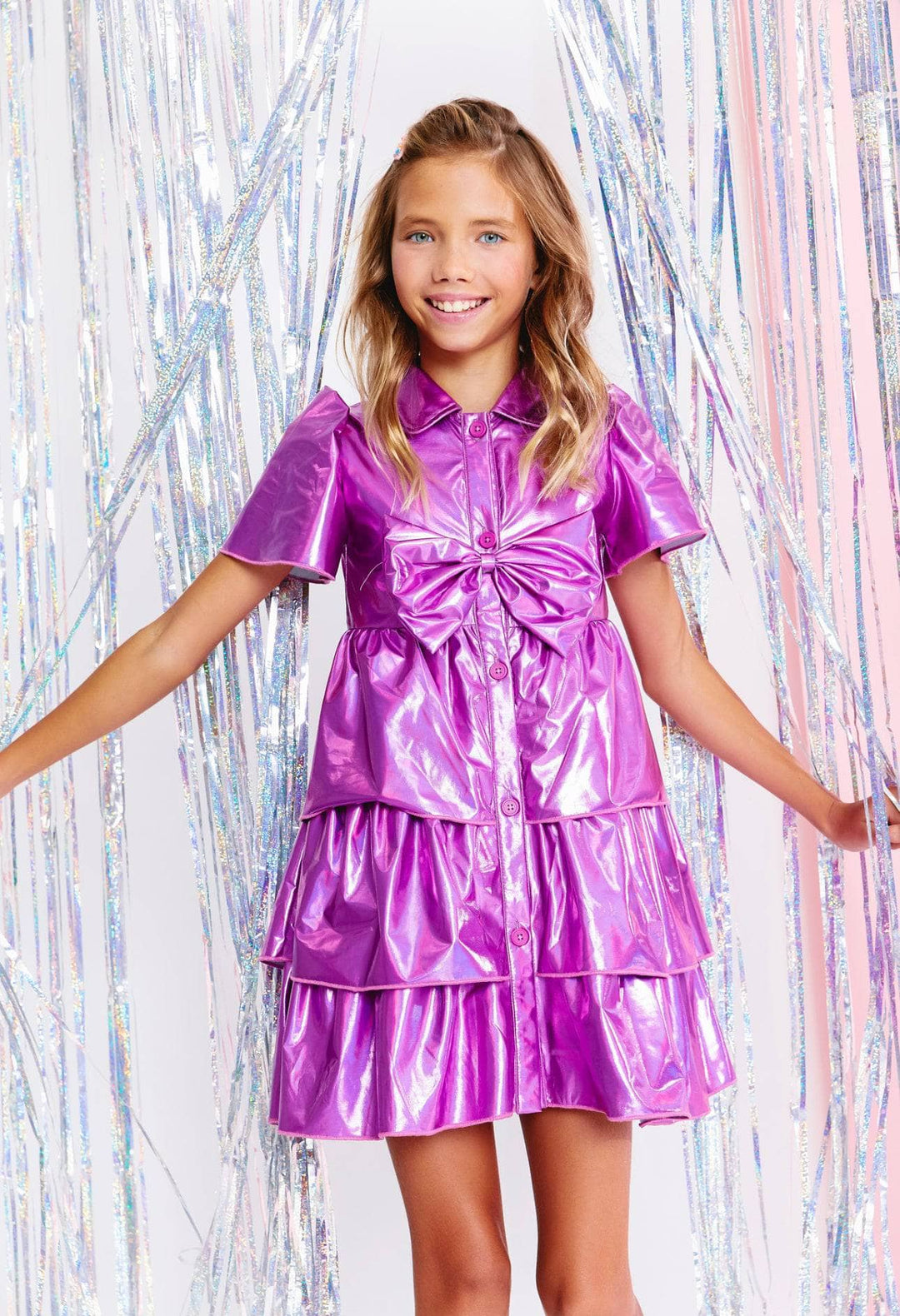 Girls Iridescent Pink Bow Dress by Lola and The Boys