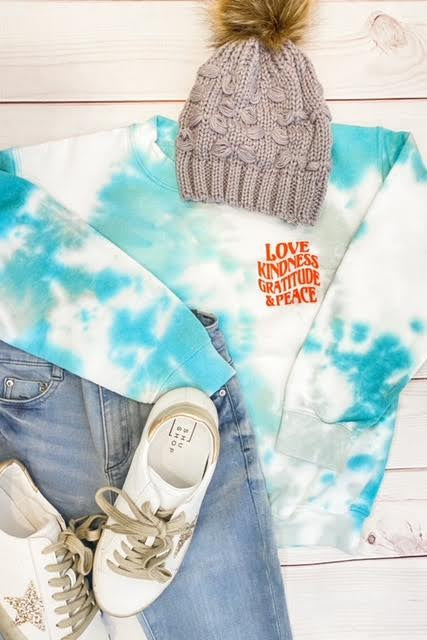 Girls Teal Love and Kindness Tie Dye Sweatshirt