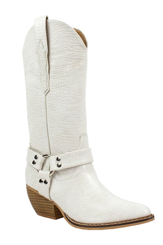 The Evon Croco White Buckle Cowgirl Boots