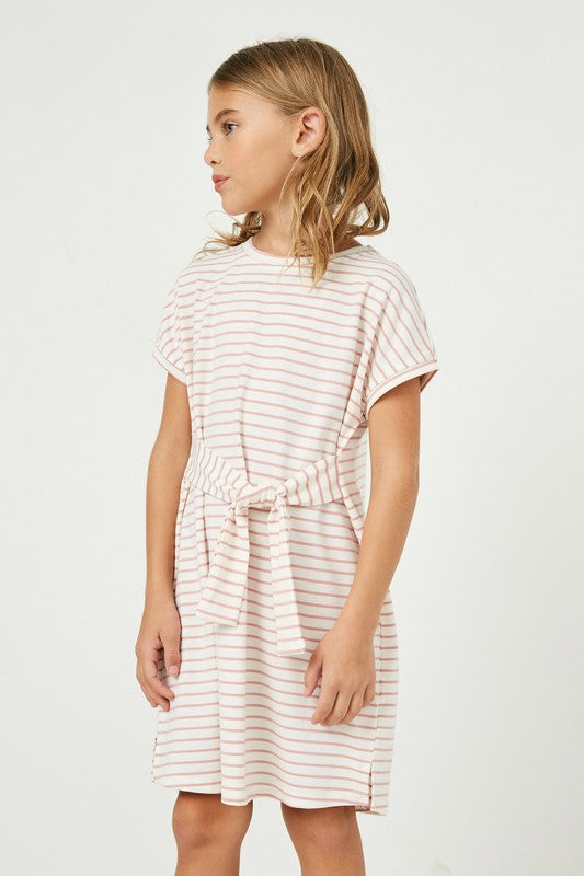 Girls Striped Self-Tie T-Shirt Dress
