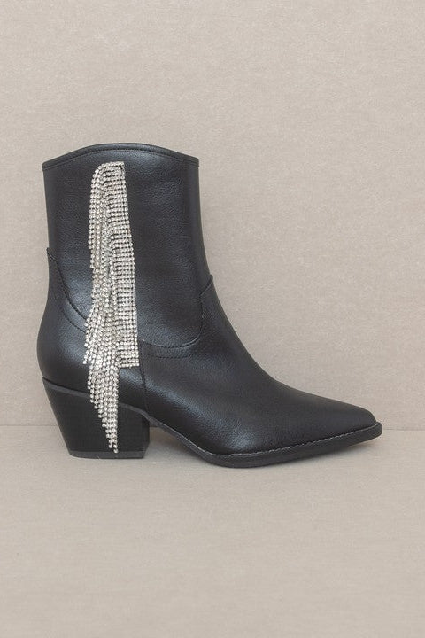 The Rowan Rhinestone Black Fringe Boots