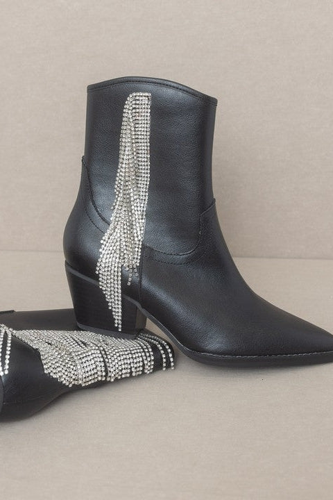 The Rowan Rhinestone Black Fringe Boots