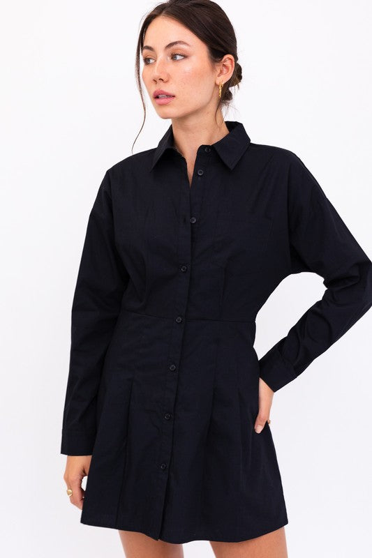 The Brita Black Pleated Shirt Mini Dress