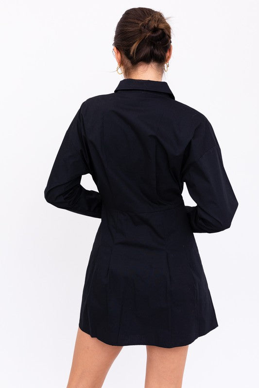 The Brita Black Pleated Shirt Mini Dress