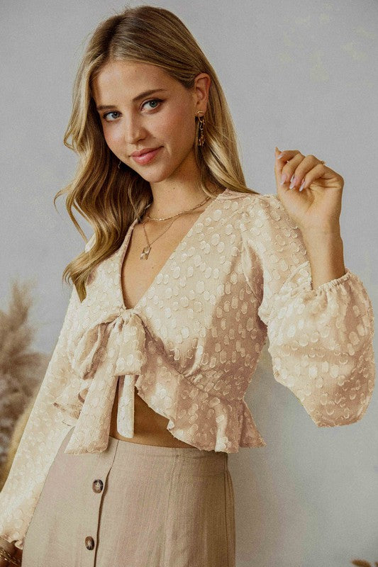 The Carissa Cream Tie Front Cropped Blouse