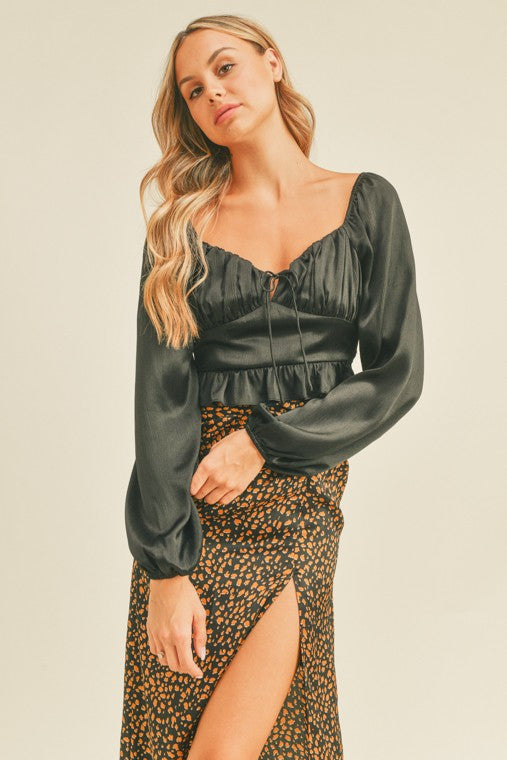 The Serene Black Satin Cropped Long Sleeve Top
