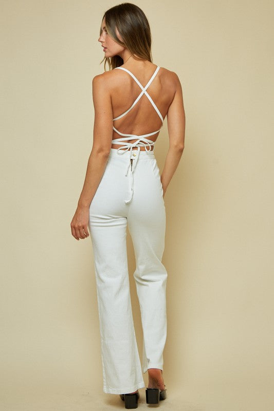 The Lacey Tie Back Denim Bell Bottom Jumpsuit