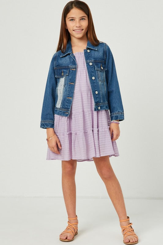 Girls Lavender Texture Stripe Tiered Halter Mini Dress