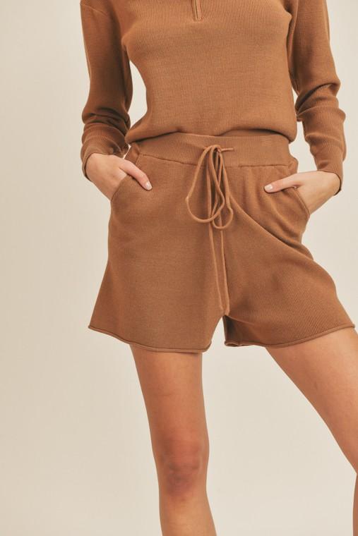 The Katie Coffee Front Tie Knit Shorts