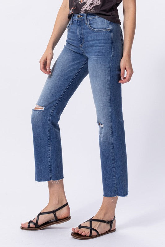 The Therra High Rise Distressed Straight Leg Ankle Jeans