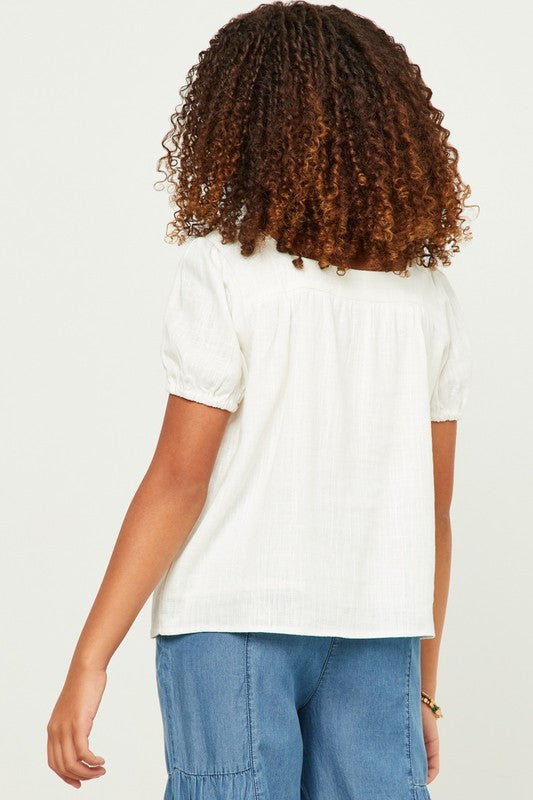 Girls Linen Look Square Neck Puff Sleeve Top