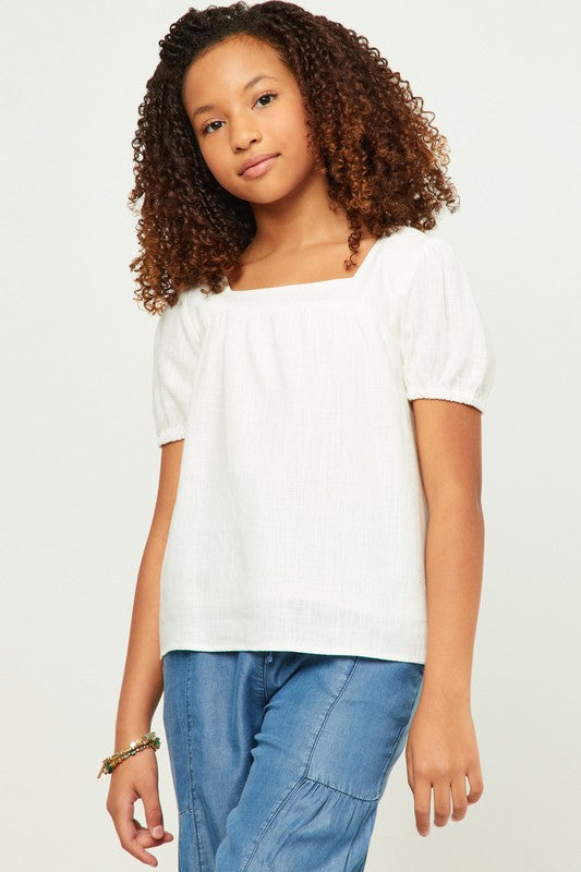 Girls Linen Look Square Neck Puff Sleeve Top
