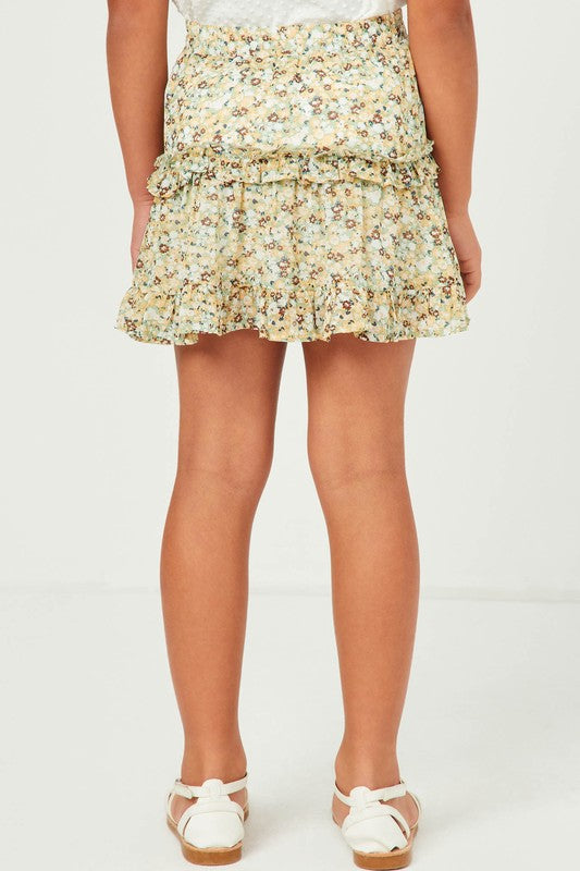 Girls Sage Ditsy Floral Ruffle Tiered Skirt