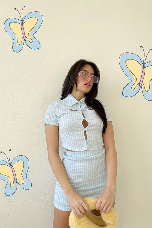 The Reyna Blue Checkered Button Front Crop Top