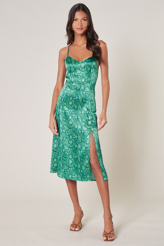 The Gwendolyn Green Snake Print Parting Ways Midi Dress