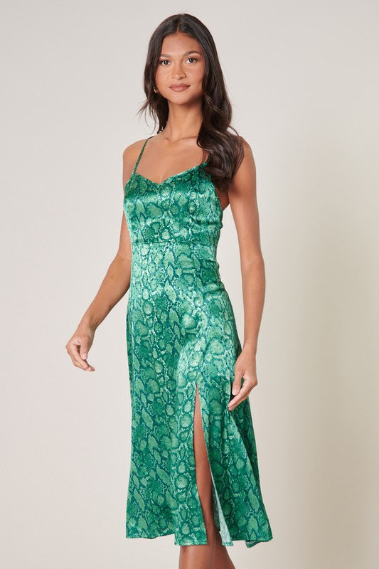 The Gwendolyn Green Snake Print Parting Ways Midi Dress