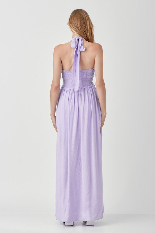 The Lexi Lavender Drawstring Halter Maxi Dress