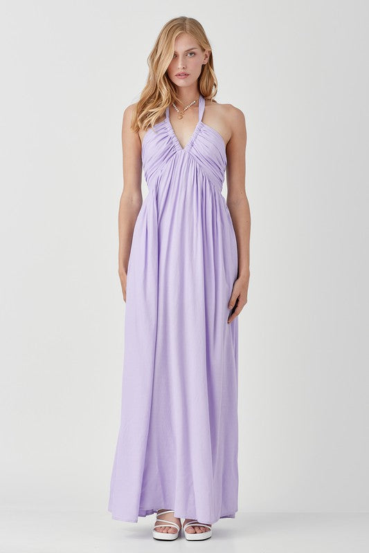 The Lexi Lavender Drawstring Halter Maxi Dress