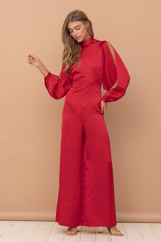 The Mariah Red Satin Open-Back Jumpsuit