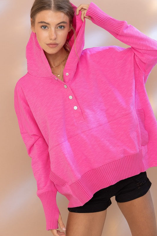 The Snap Out of It Hot Pink Oversized Hooded Pullover