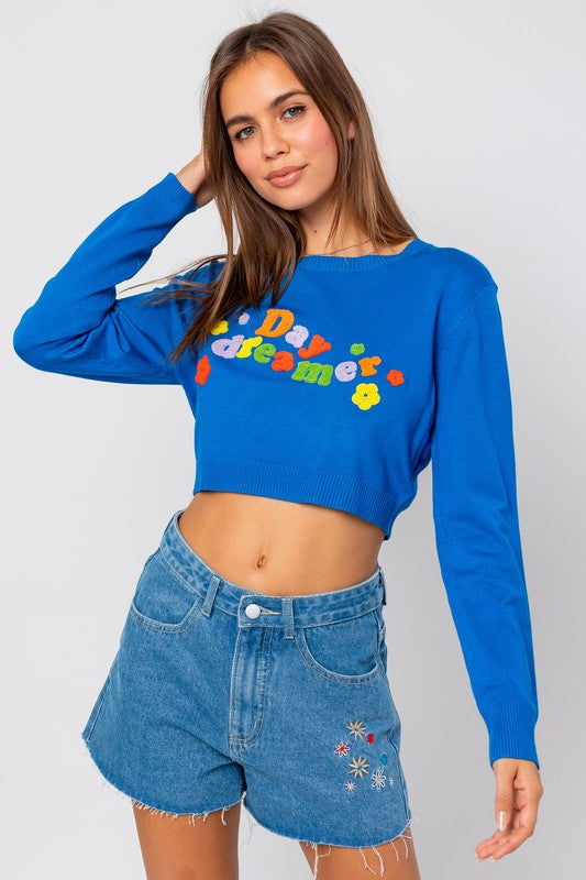 The Day Dreamers Blue Embroidered Long Sleeve Crop Top