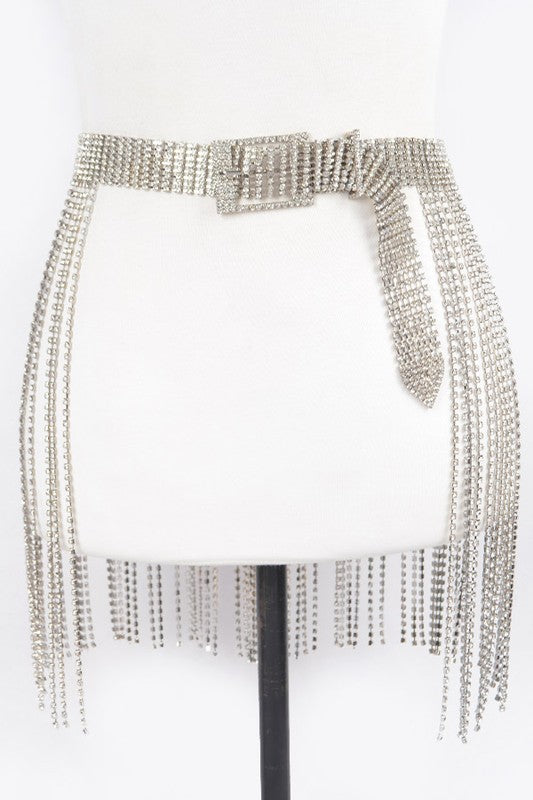 The Caught You Shining Rhinestone Fringe Belt (Silver)